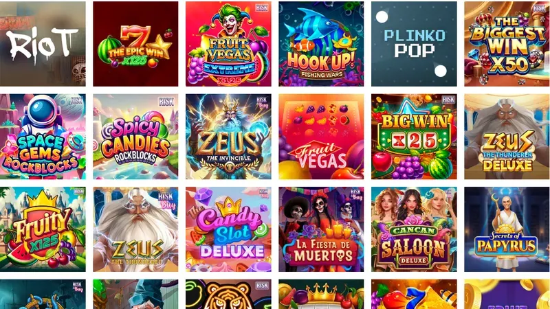 Lobby gier Pelican Casino – kafelki automatów Mascot Gaming (zrzut z oficjalnego serwisu)
